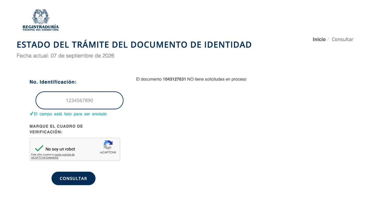Consulta del estado del documento en el portal web de la Registraduría Nacional.